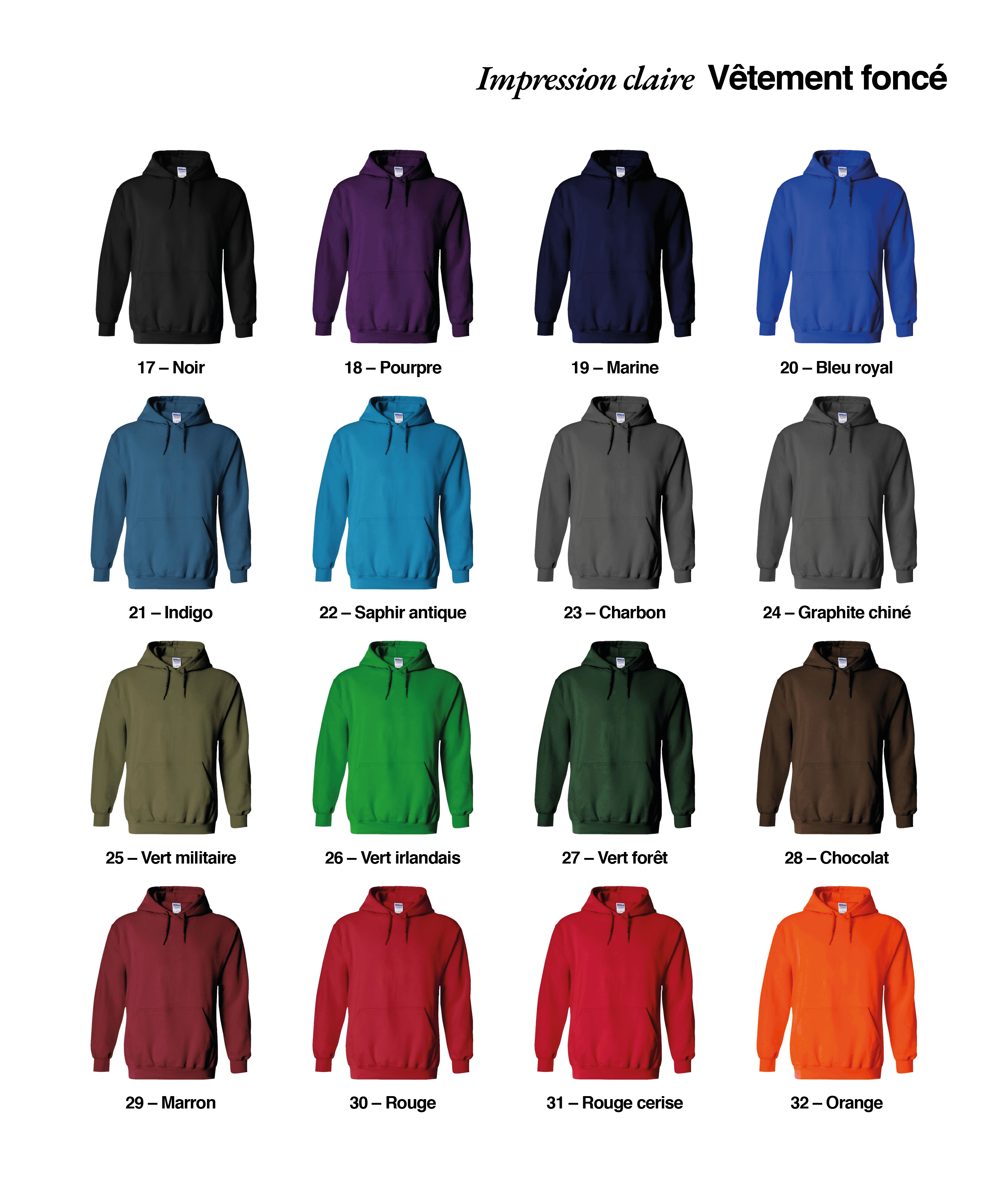 Les seize couleurs de vêtement foncées disponibles, sur lesquelles imprimer clair.