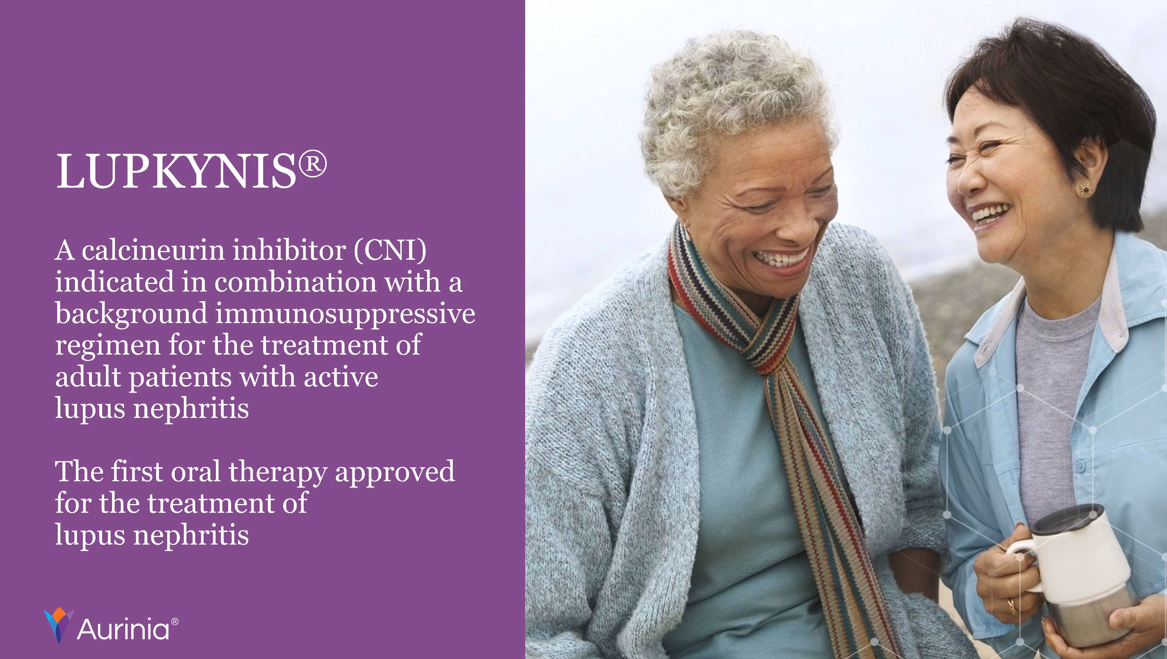 Two older women laughing together outdoors, one holding a coffee mug, beside text describing Lupkynis as a calcineurin inhibitor for treating active lupus nephritis.
