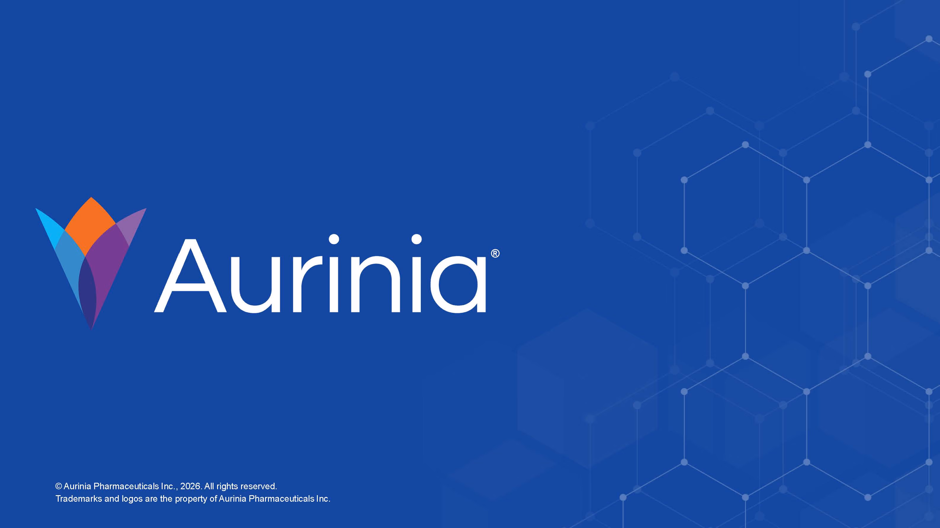 Aurinia Pharmaceuticals logo with colorful geometric design on blue background.