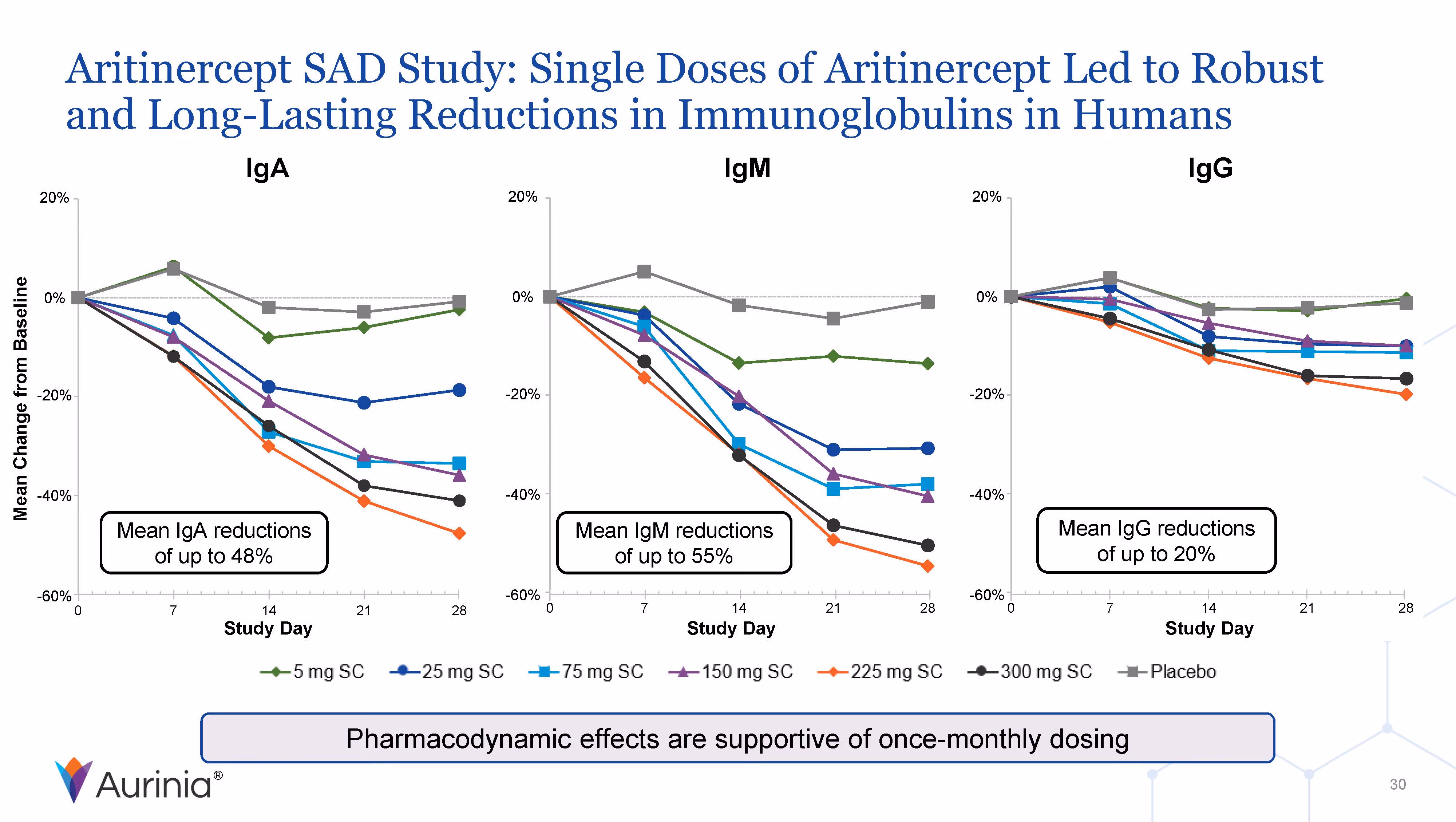 Line graphs showing mean percent reductions from baseline in IgA, IgM, and IgG levels over 28 study days with single doses of Aritinercept, with up to 48% reduction in IgA, 55% in IgM, and 20% in IgG compared to placebo.