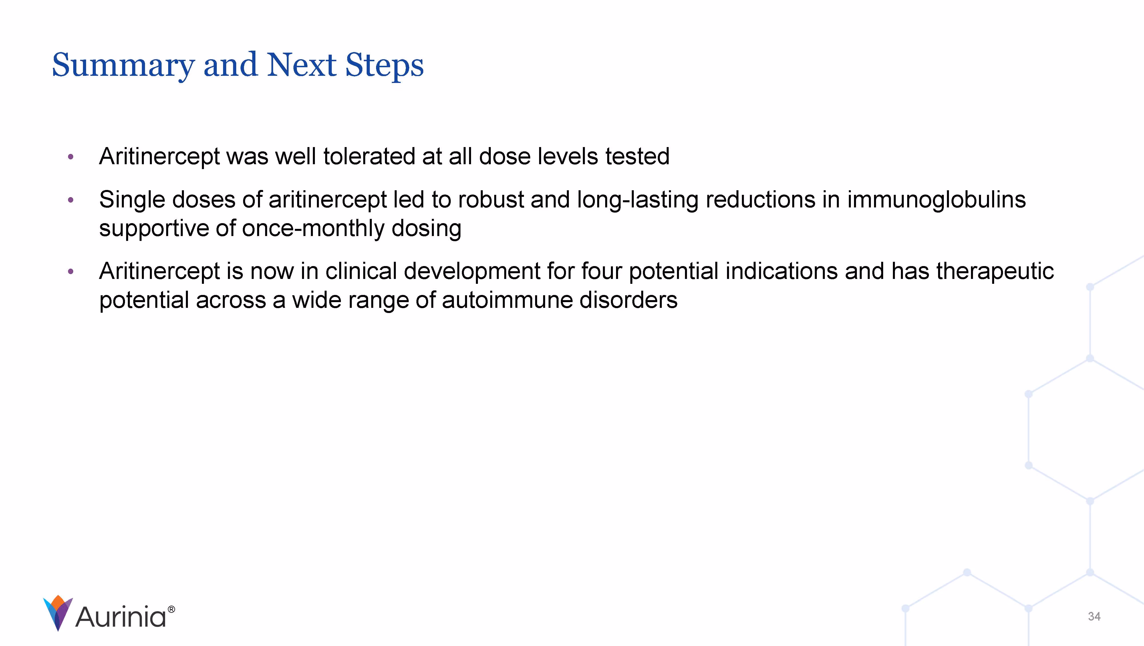 Summary slide stating aritinercept was well tolerated, reduced immunoglobulins, and has potential in autoimmune disorders.