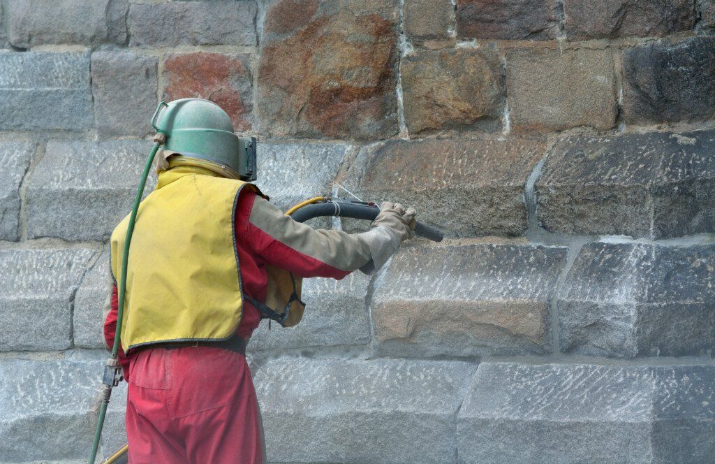 a man spraying a brick wall