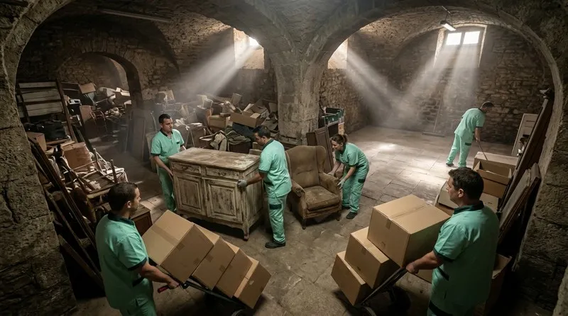 Équipe Debarras Easy en train de débarrasser une cave encombrée avec meubles et cartons