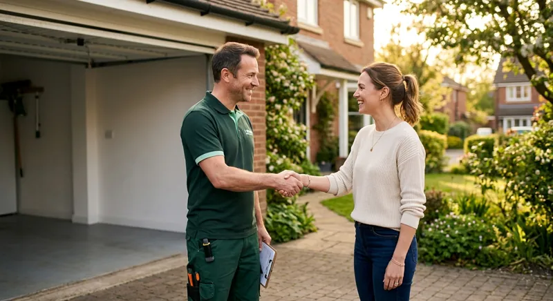 Entreprise de débarras à domicile échangeant avec une cliente devant un garage