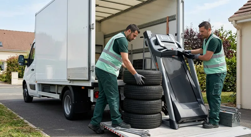 Équipe de débarras transportant des objets lourds dans un camion de déménagement