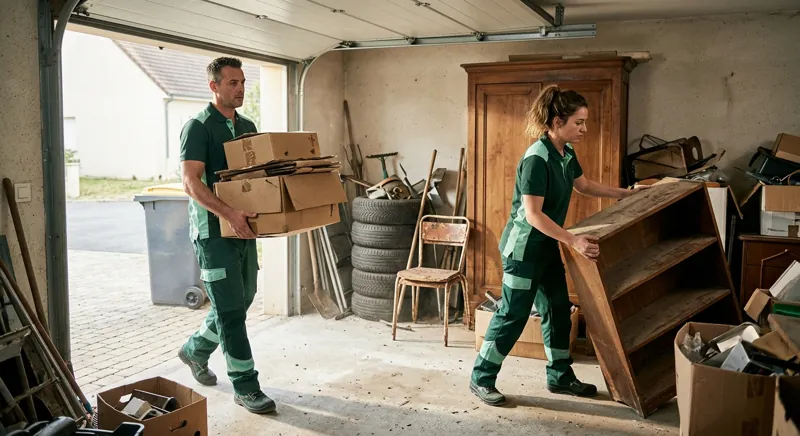Intervention de débarras dans un garage avec enlèvement de meubles et cartons