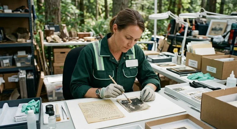 Expert en tenue verte triant des objets et documents précieux dans des bacs étiquetés Mémoires lors d'un débarras Diogène