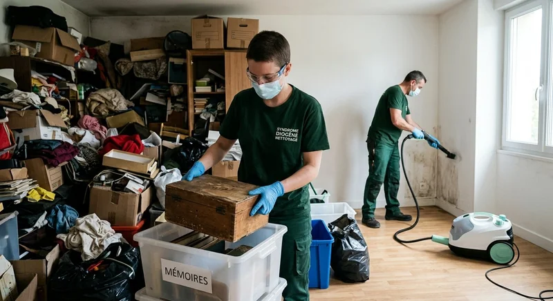 Équipe spécialisée en combinaison verte intervenant dans un logement encombré pour un débarras complet syndrome de Diogène