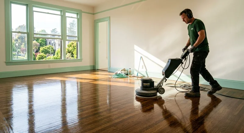 Technicien spécialisé effectuant la remise en état d'un sol en parquet après un débarras syndrome de Diogène