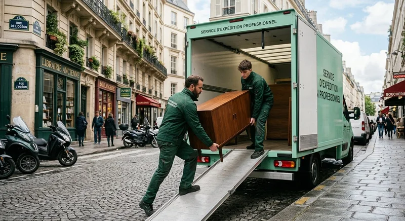 Deux techniciens Débarras Easy en tenue verte chargeant un meuble ancien dans un camion lors d'un débarras de succession à Paris