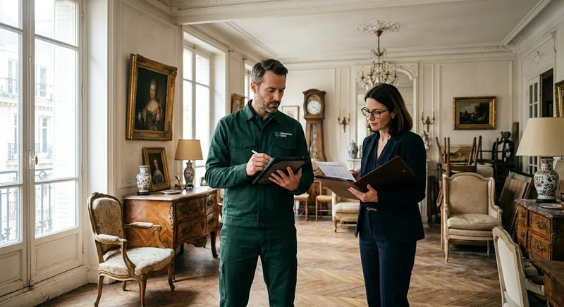 Expert Débarras Easy et héritière réalisant l'inventaire des meubles et objets de valeur dans un appartement haussmannien lors d'une succession