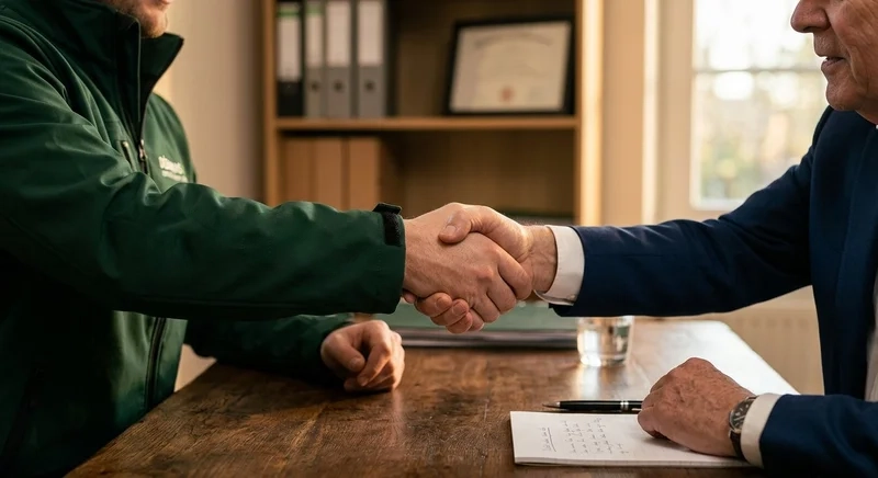 Poignée de main entre un conseiller Débarras Easy et un client lors de la signature d'un mandat de débarras de succession