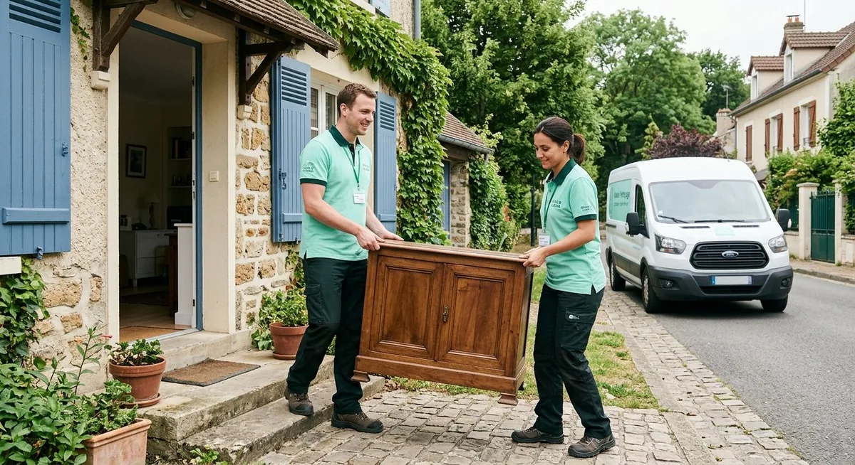 Deux techniciens de Débarras Easy en uniforme vert portant un meuble ancien hors d'une maison en pierre, camion utilitaire blanc garé en arrière-plan, Seine-et-Marne.
