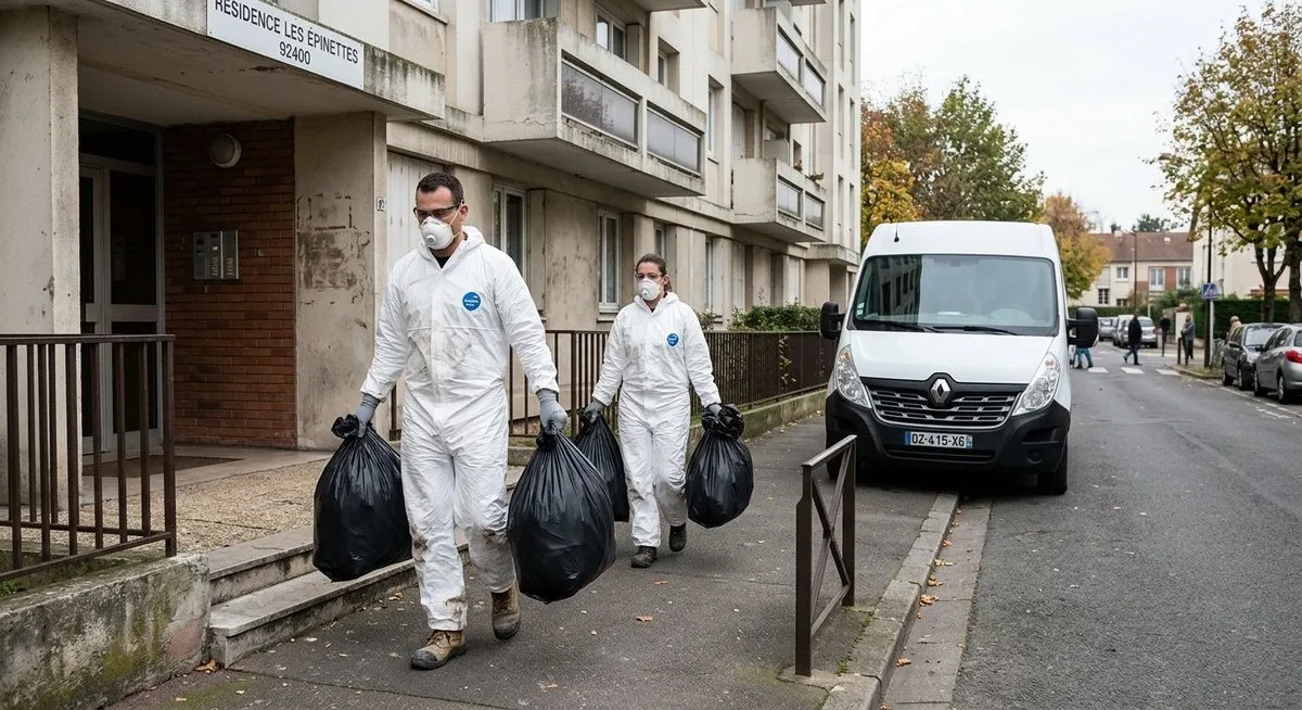 Deux agents de débarras en combinaison blanche et masque respiratoire évacuant des sacs poubelles noirs devant un immeuble résidentiel