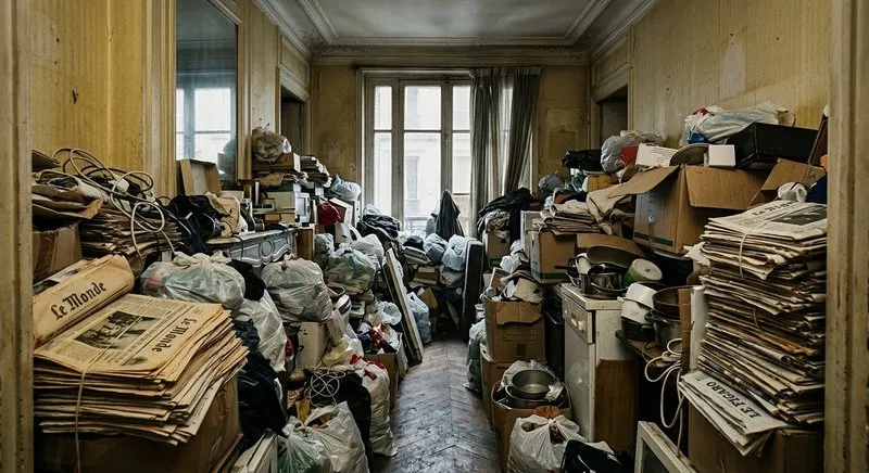 Appartement parisien envahi par des journaux, cartons et encombrants empilés au sol, cas de syndrome de diogène avant débarras