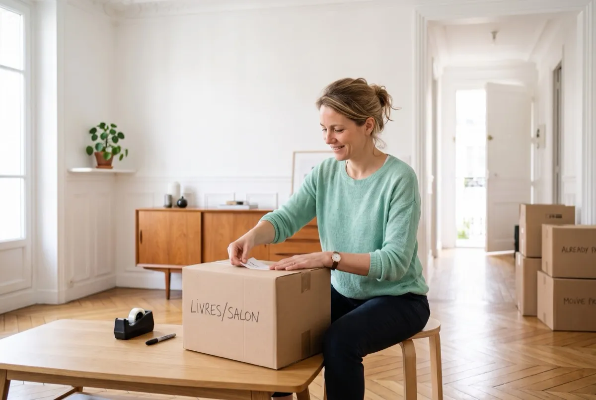 Femme étiquetant un carton dans un appartement rangé et lumineux, en préparation d'une intervention de débarras