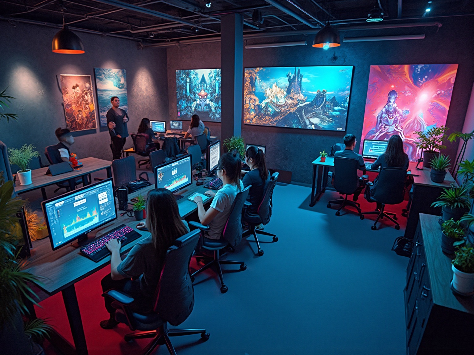 A group of people working on computers in a room.