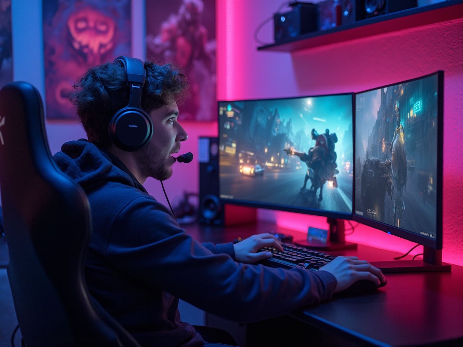 A man wearing headphones and a blue hoodie is playing a video game.
