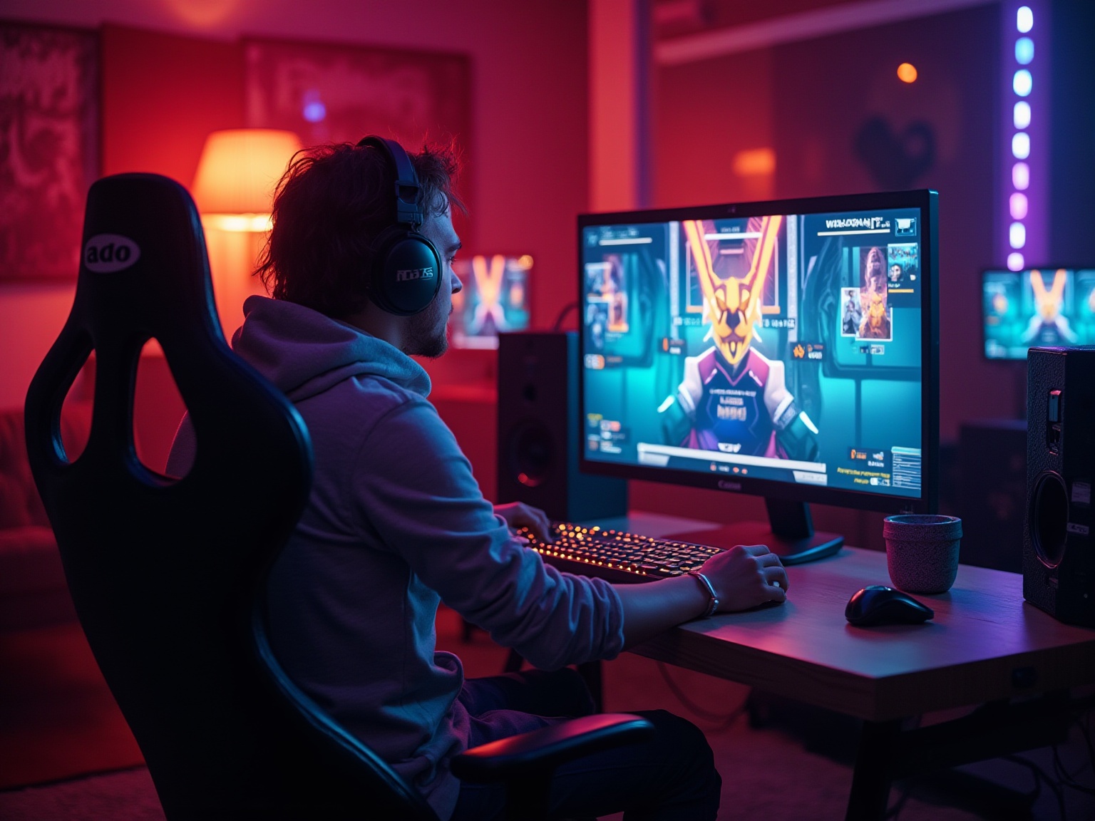 A man wearing headphones and a hoodie is playing a video game.