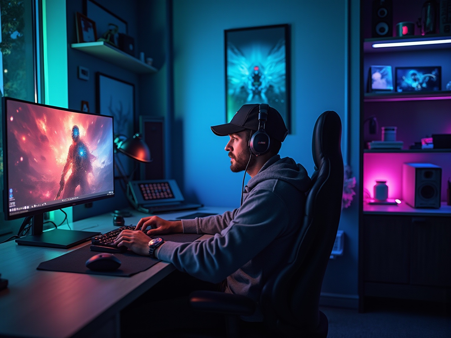 A man wearing a black hat and headphones is sitting in front of a computer.