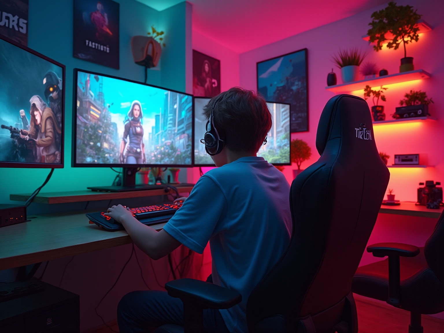 A boy wearing headphones and a blue shirt is sitting in front of a computer.