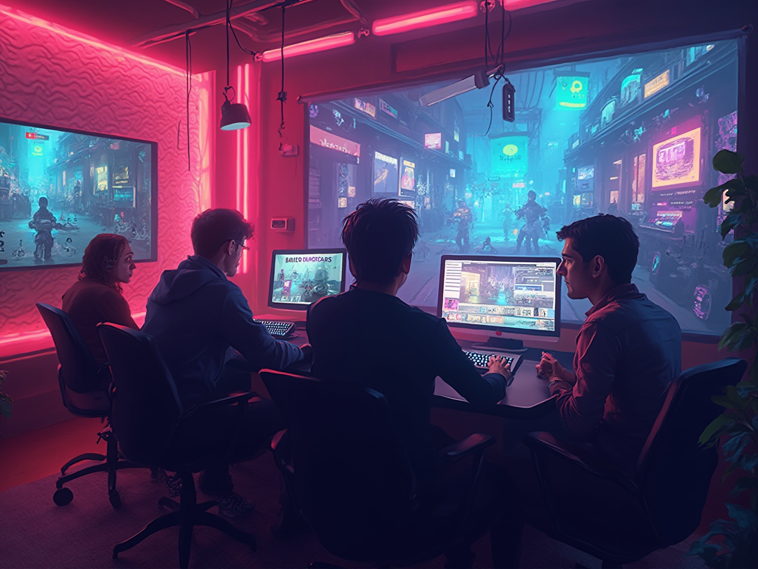 Three men sit in front of computer screens in a dark room.