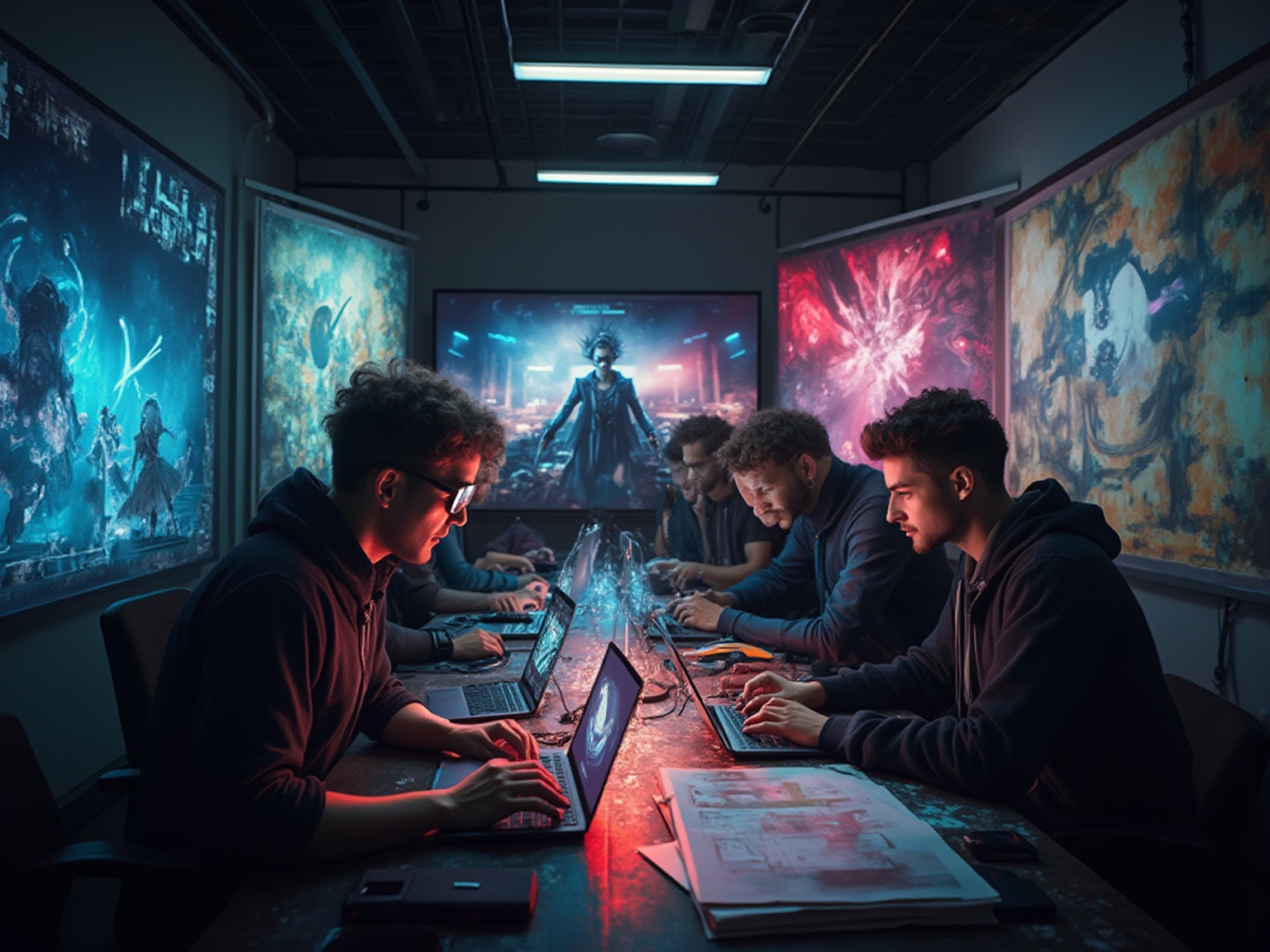 A group of men working on laptops in a room with a poster of a woman on the wall.