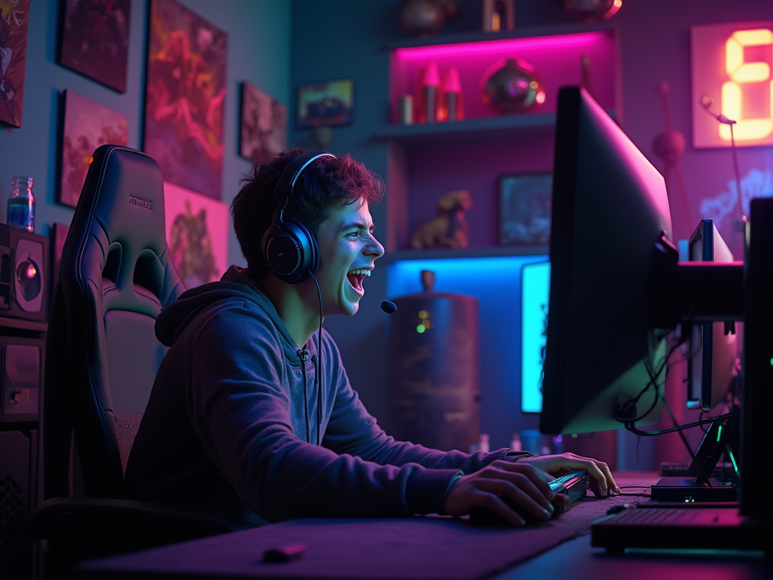 A man wearing headphones and a grey hoodie is playing a video game.