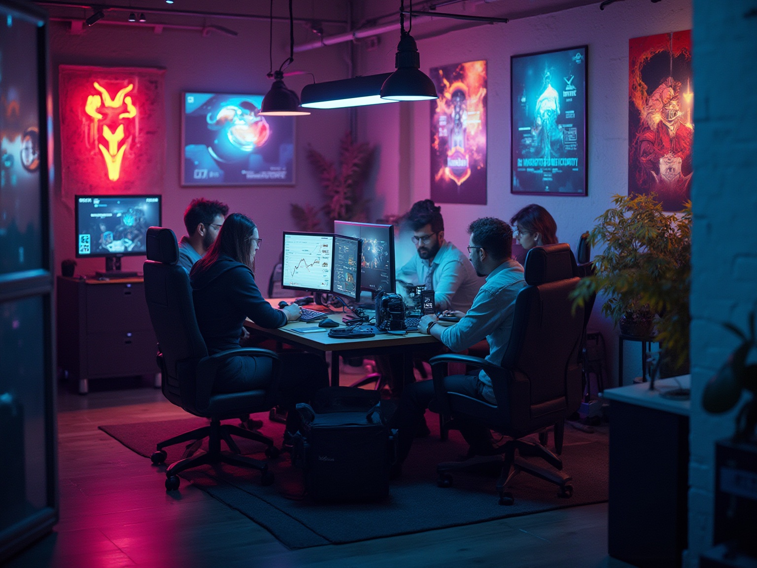 A group of people sitting around a table in a room with a pink glow.
