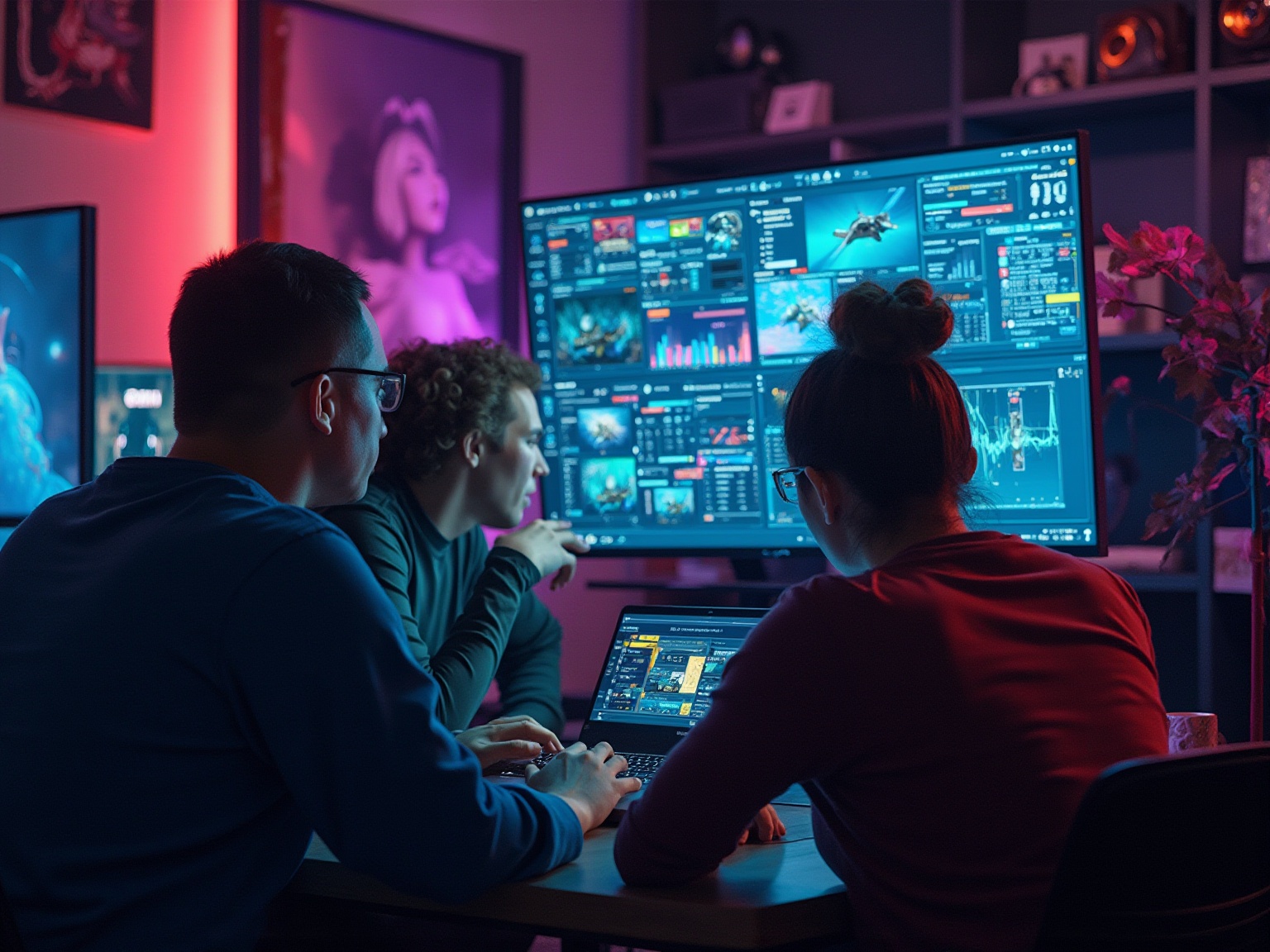 Three people sitting in front of a large computer screen.