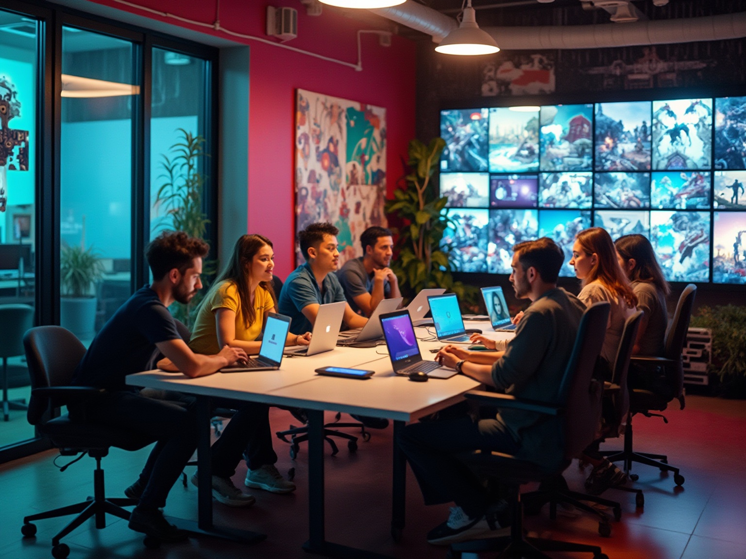 A group of people sitting around a table with laptops.