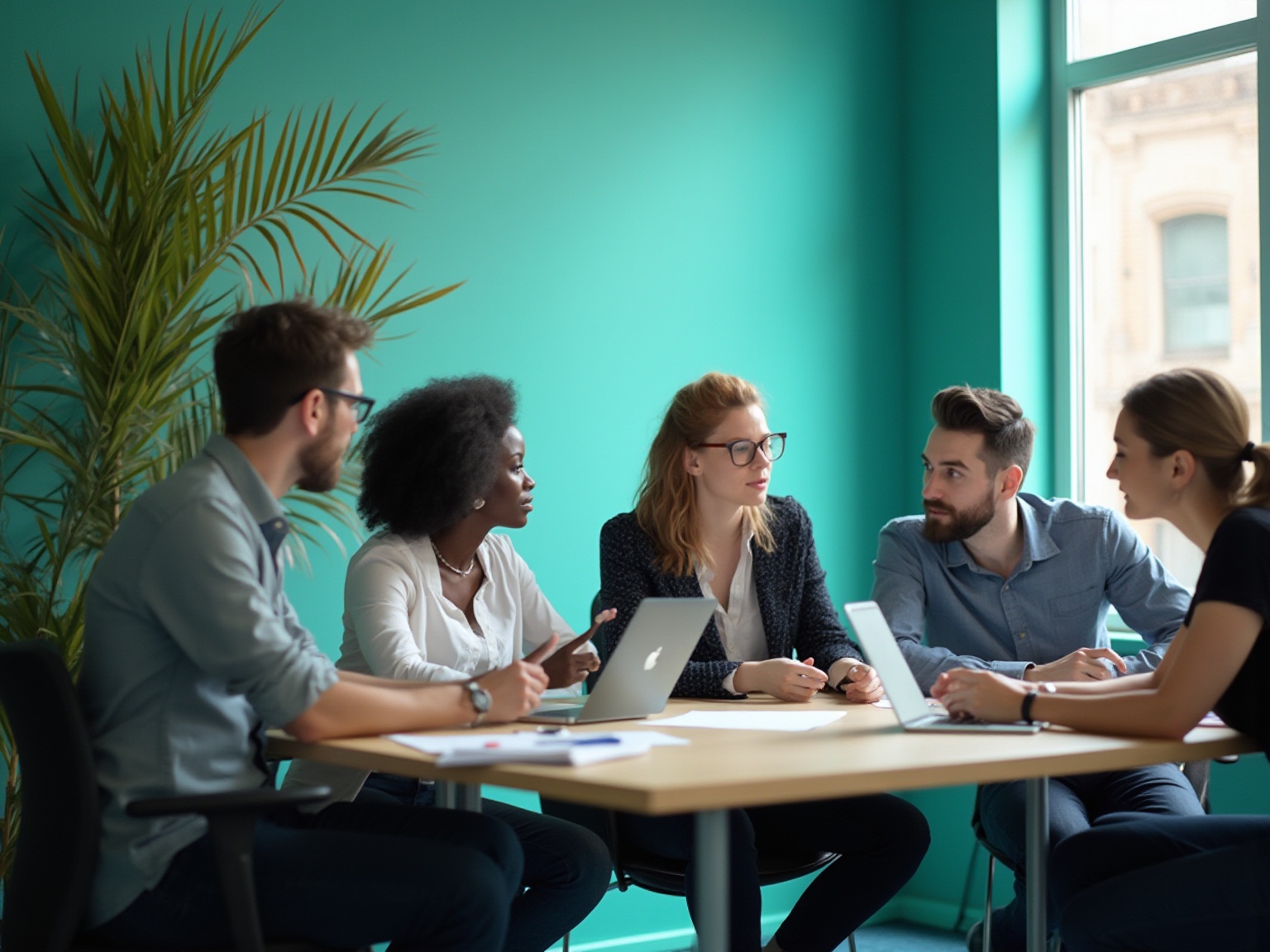 A group of people sitting around a table with laptops.