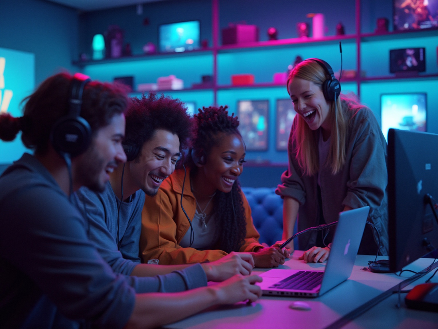 A group of people wearing headphones and smiling while using a laptop.