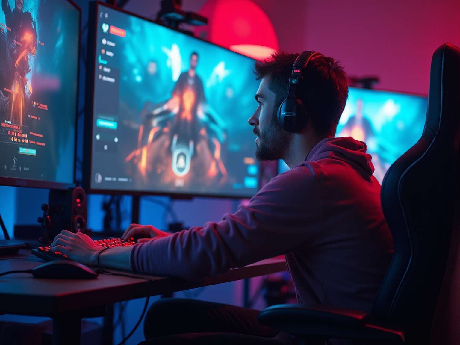 A man in a pink hoodie is playing a video game.