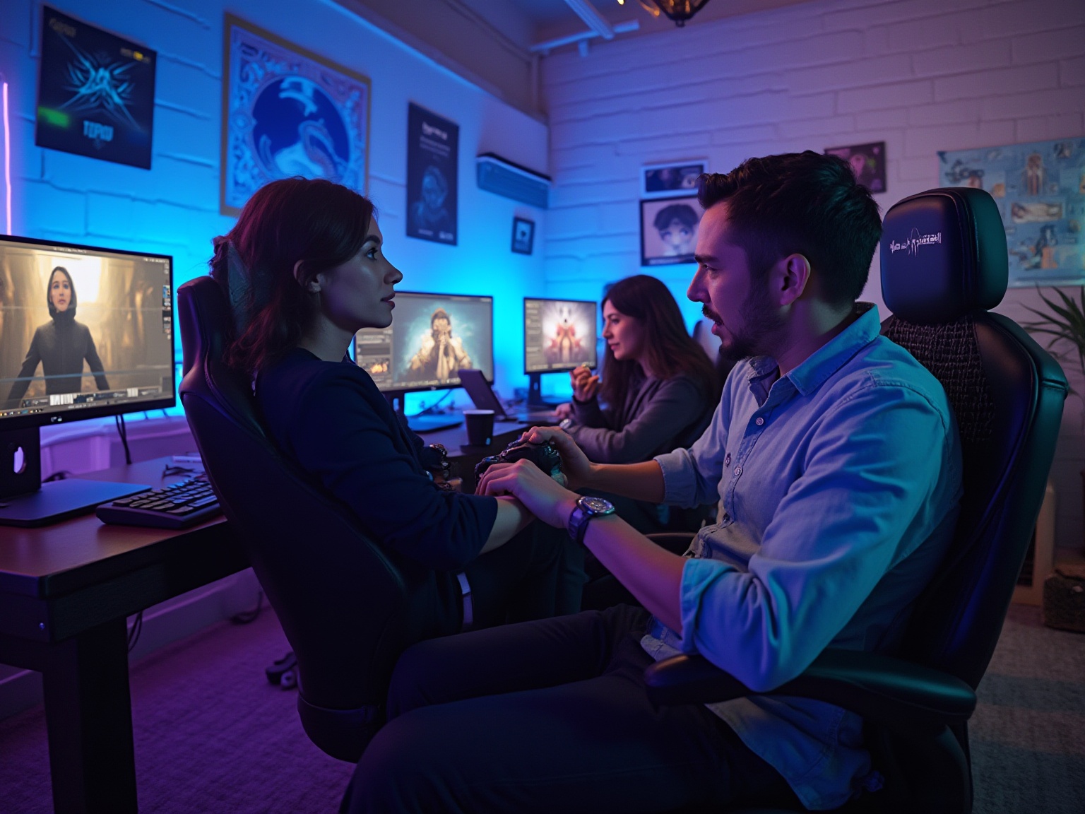 A man and woman sitting in front of a computer with a woman holding a man's hand.