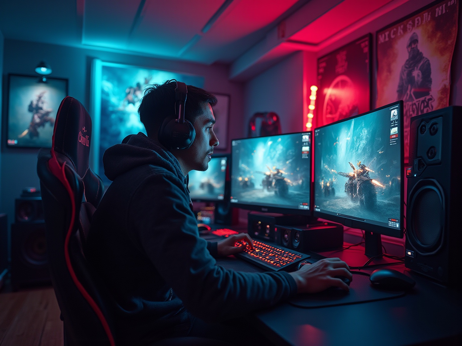 A man wearing headphones and a hoodie is sitting in front of a computer.