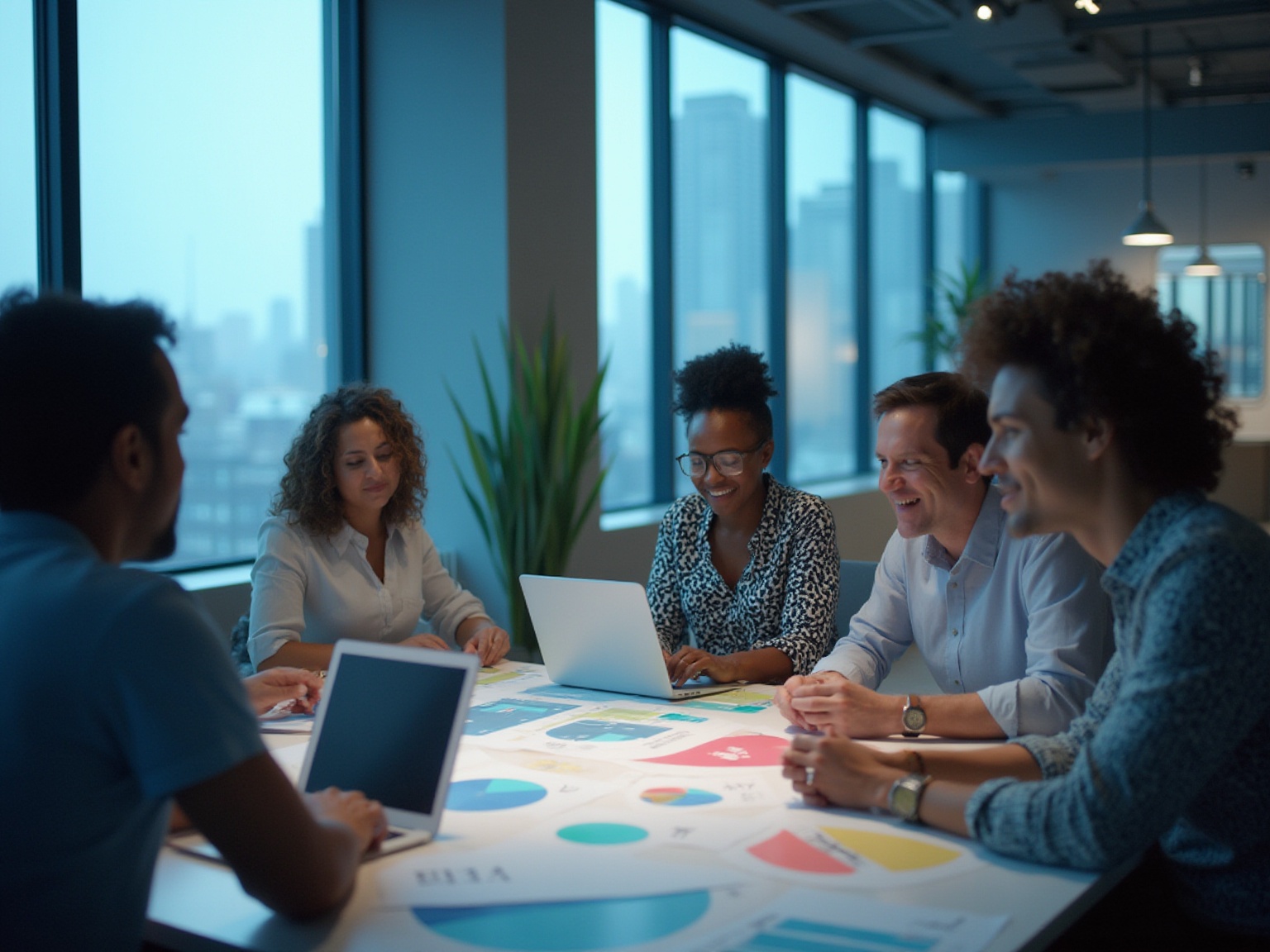A group of people sitting around a table with a laptop and a chart.