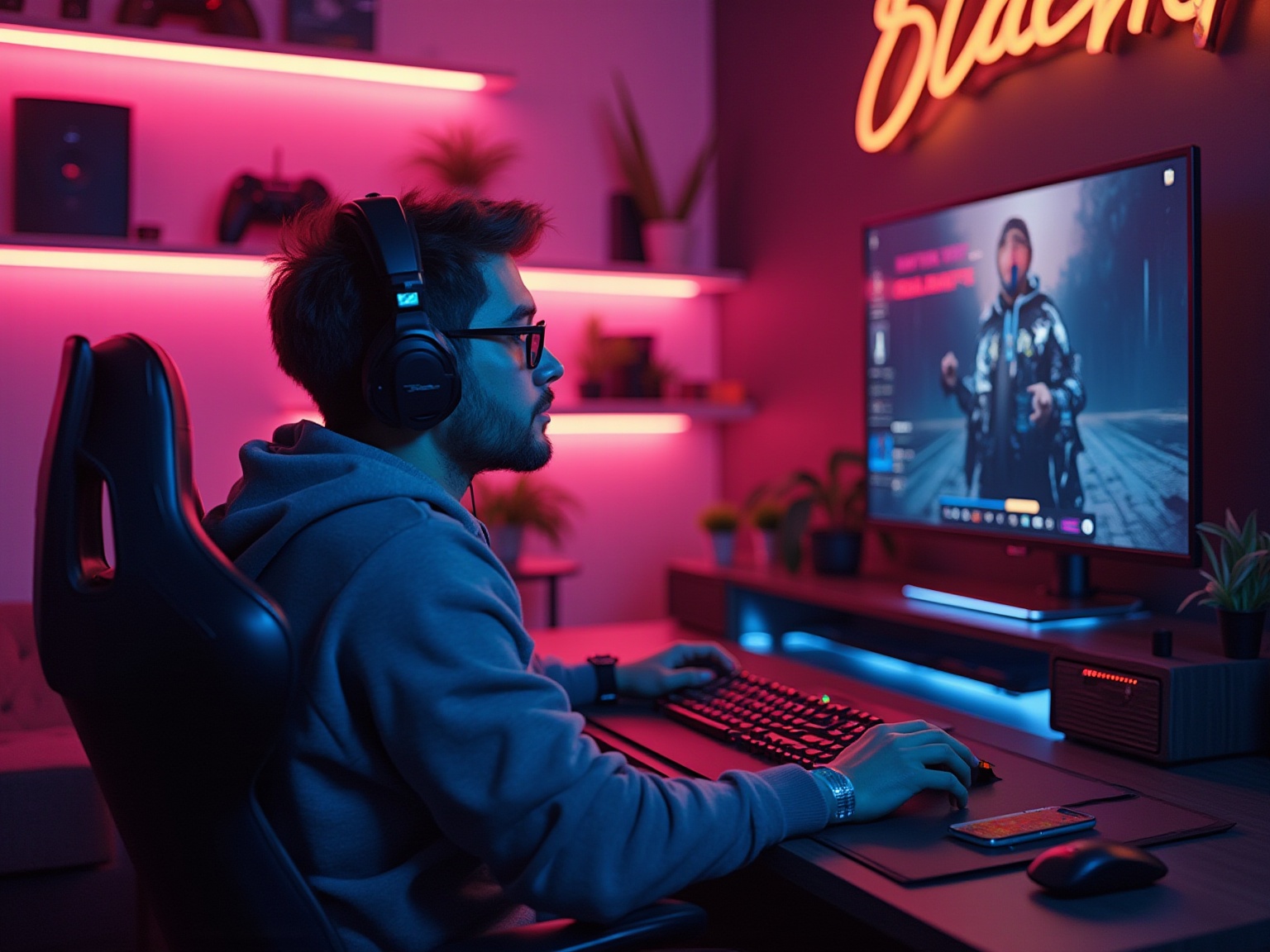 A man wearing headphones and glasses is playing a video game.