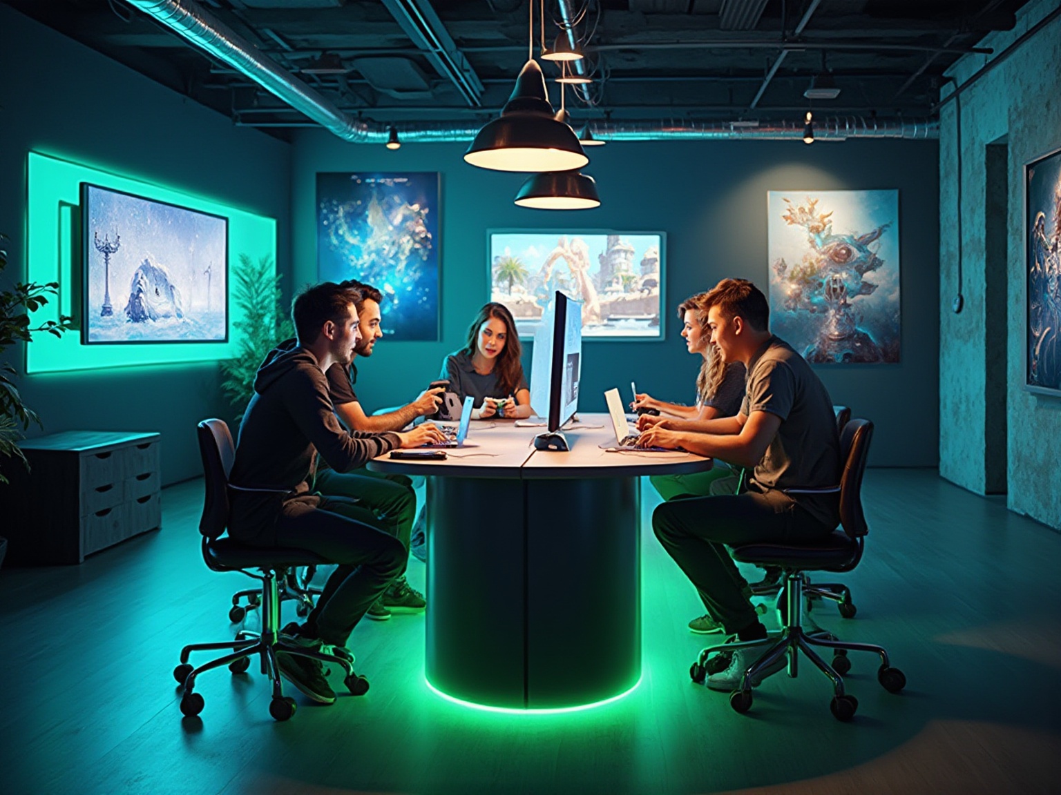 A group of people sitting around a table with laptops.