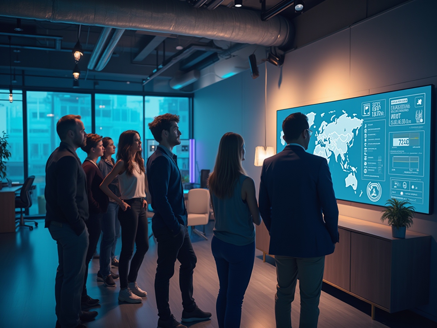 A group of people looking at a large screen with a map of the world.