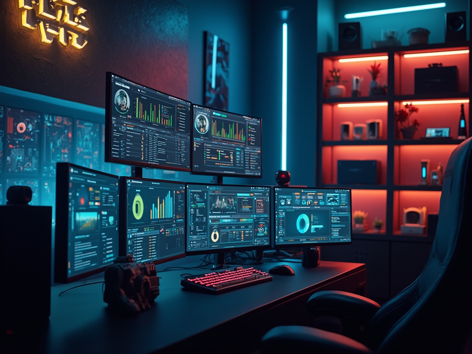 A computer desk with a keyboard and monitor.