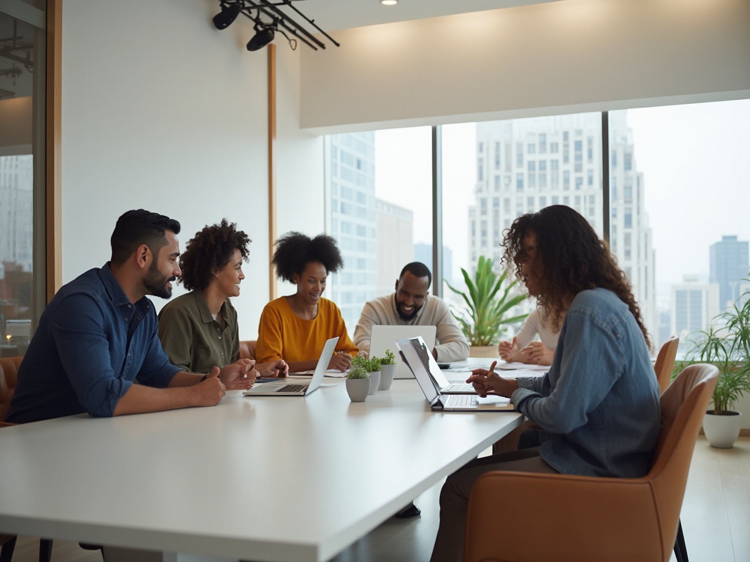 A group of people sitting around a table with laptops.