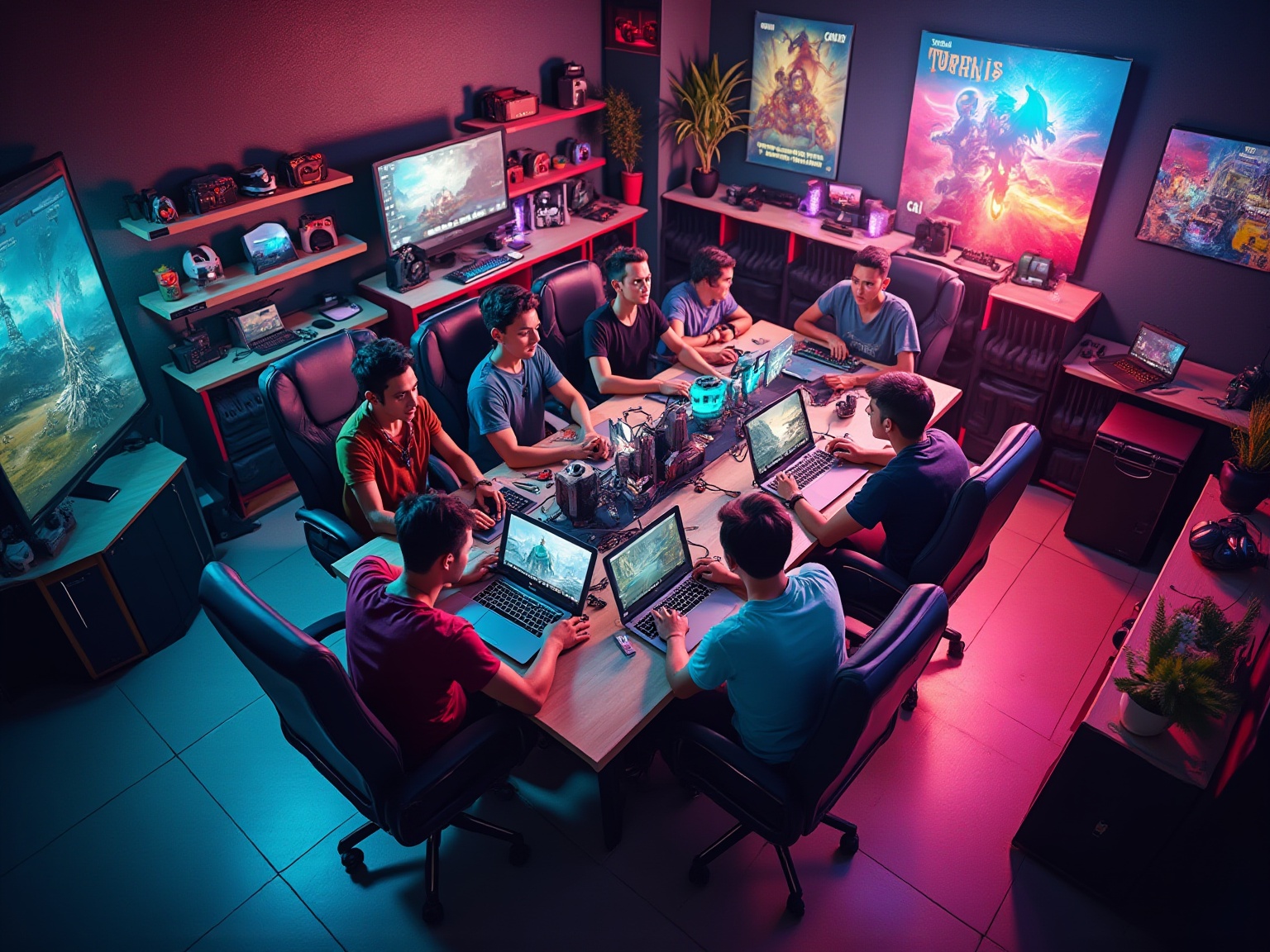 A group of men sitting around a table with laptops.