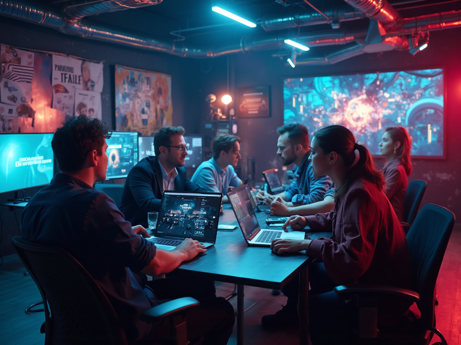 A group of people sitting around a table with laptops.