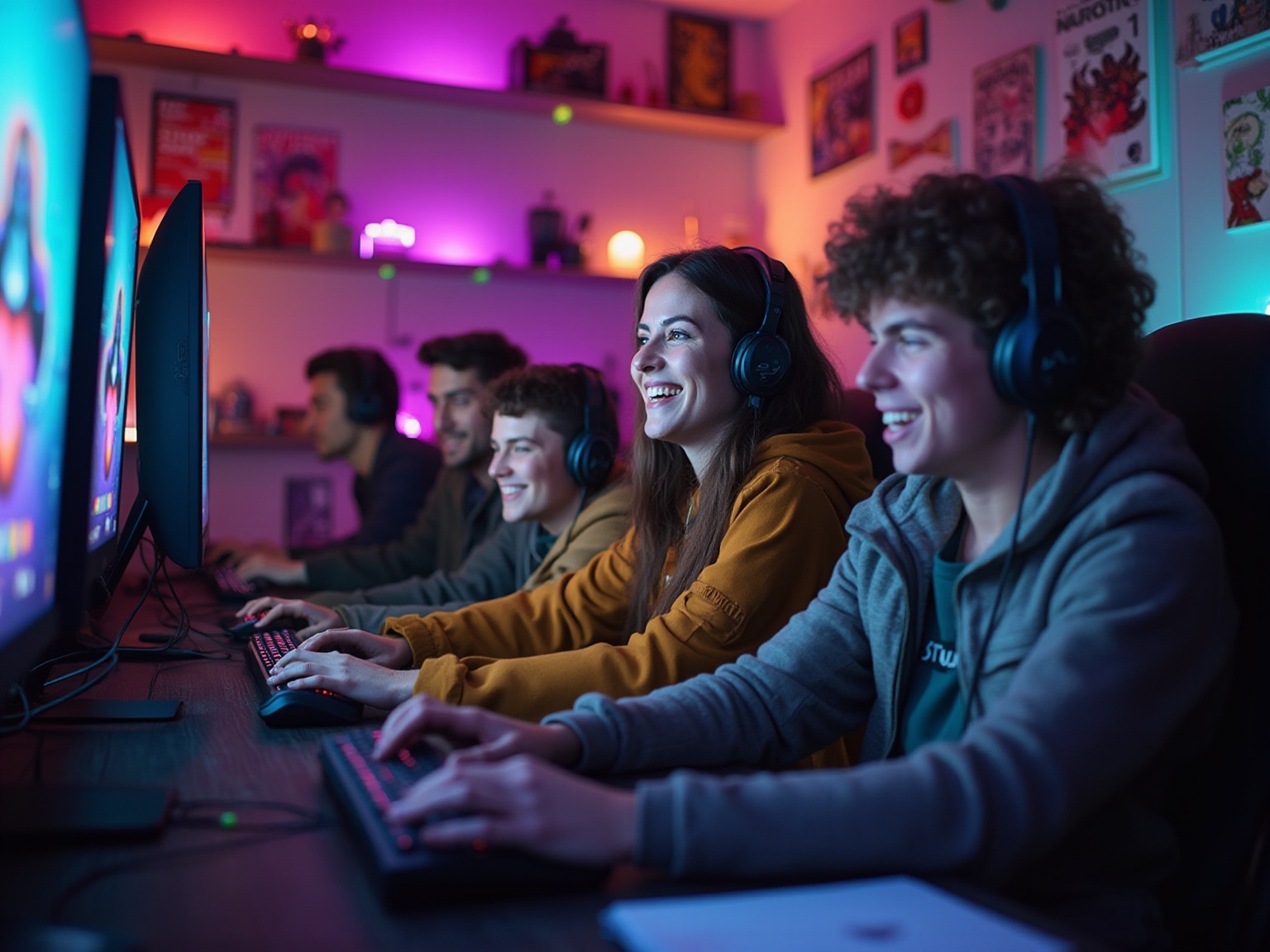 A group of people wearing headphones and playing video games.