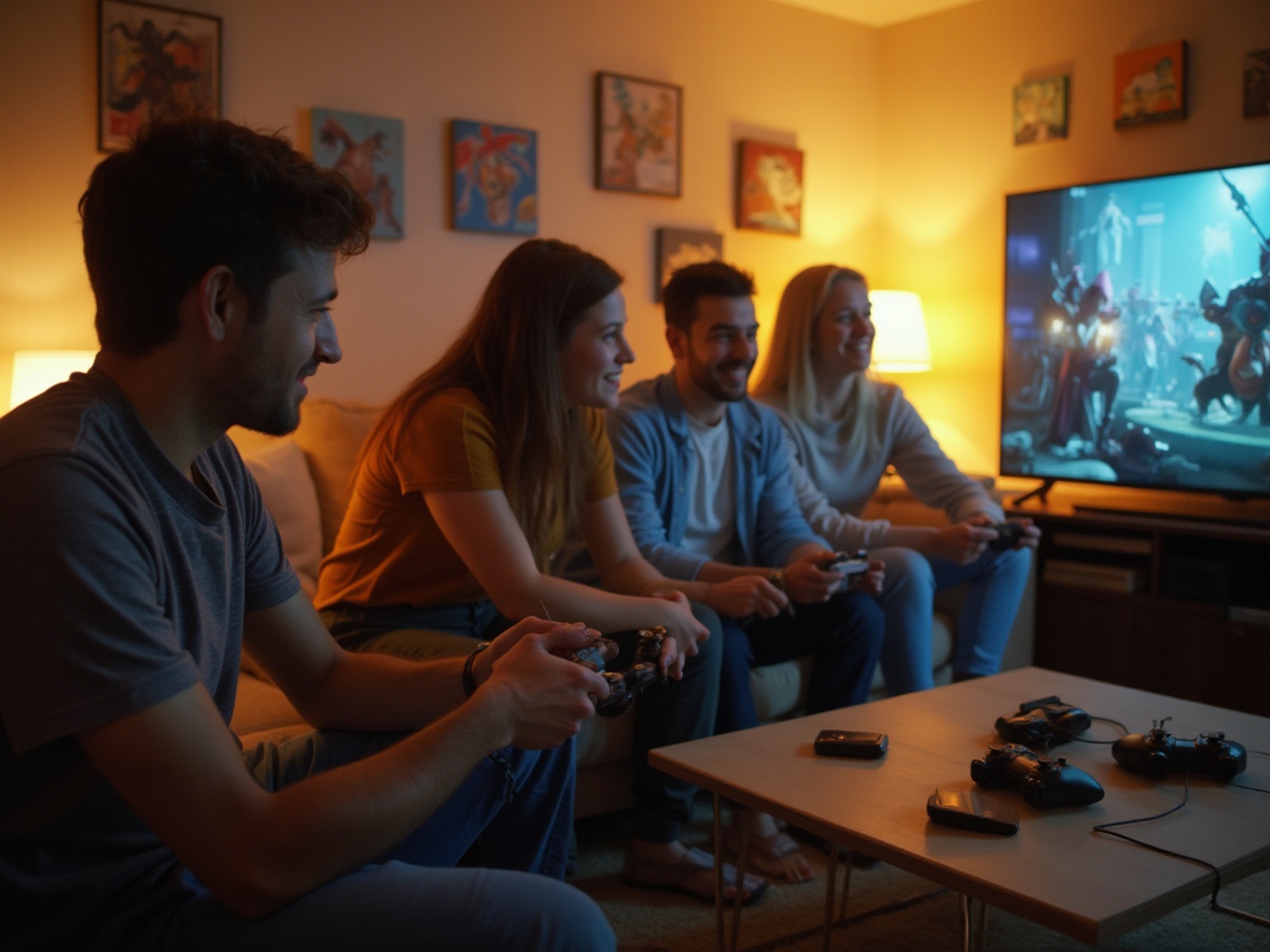 A group of people playing video games in a living room.
