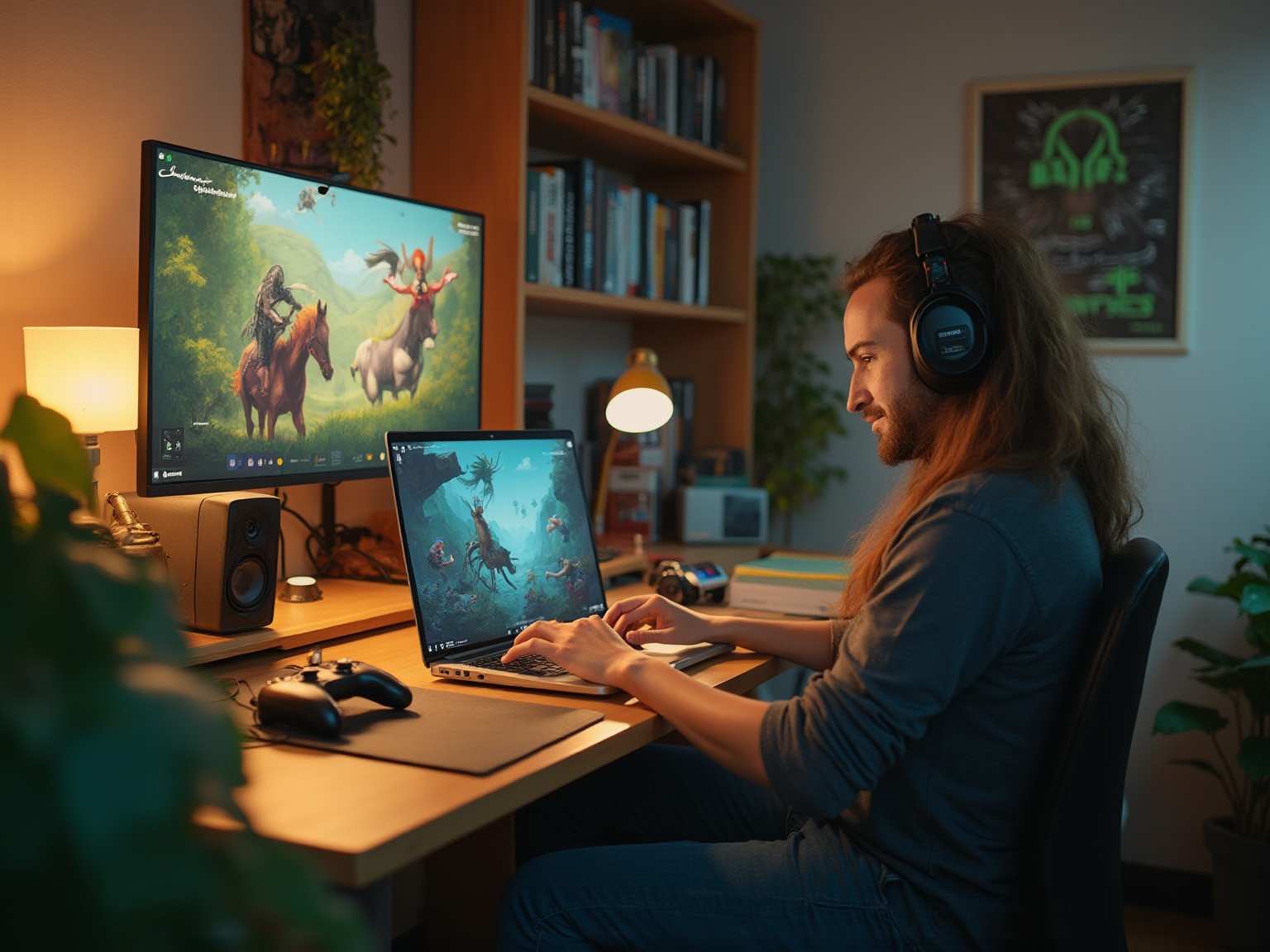 A man wearing headphones and glasses is sitting at a desk with a laptop.