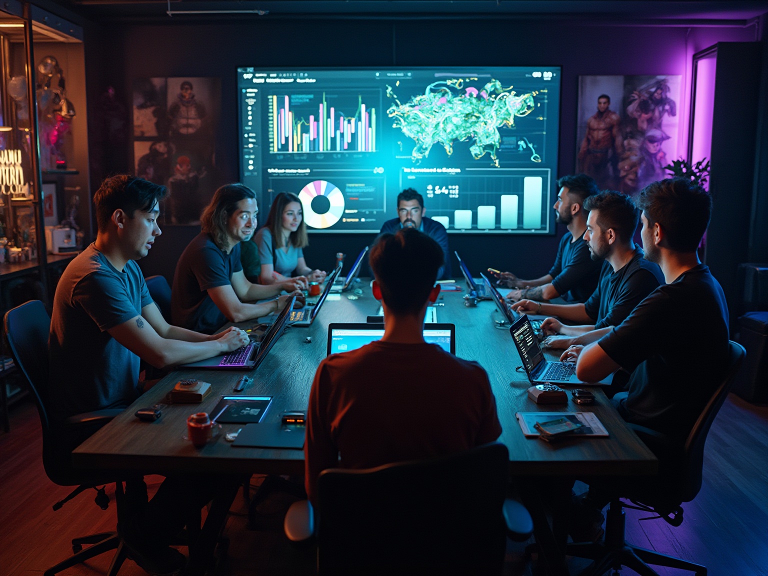 A group of people sitting at a table with laptops and a large screen in front of them.