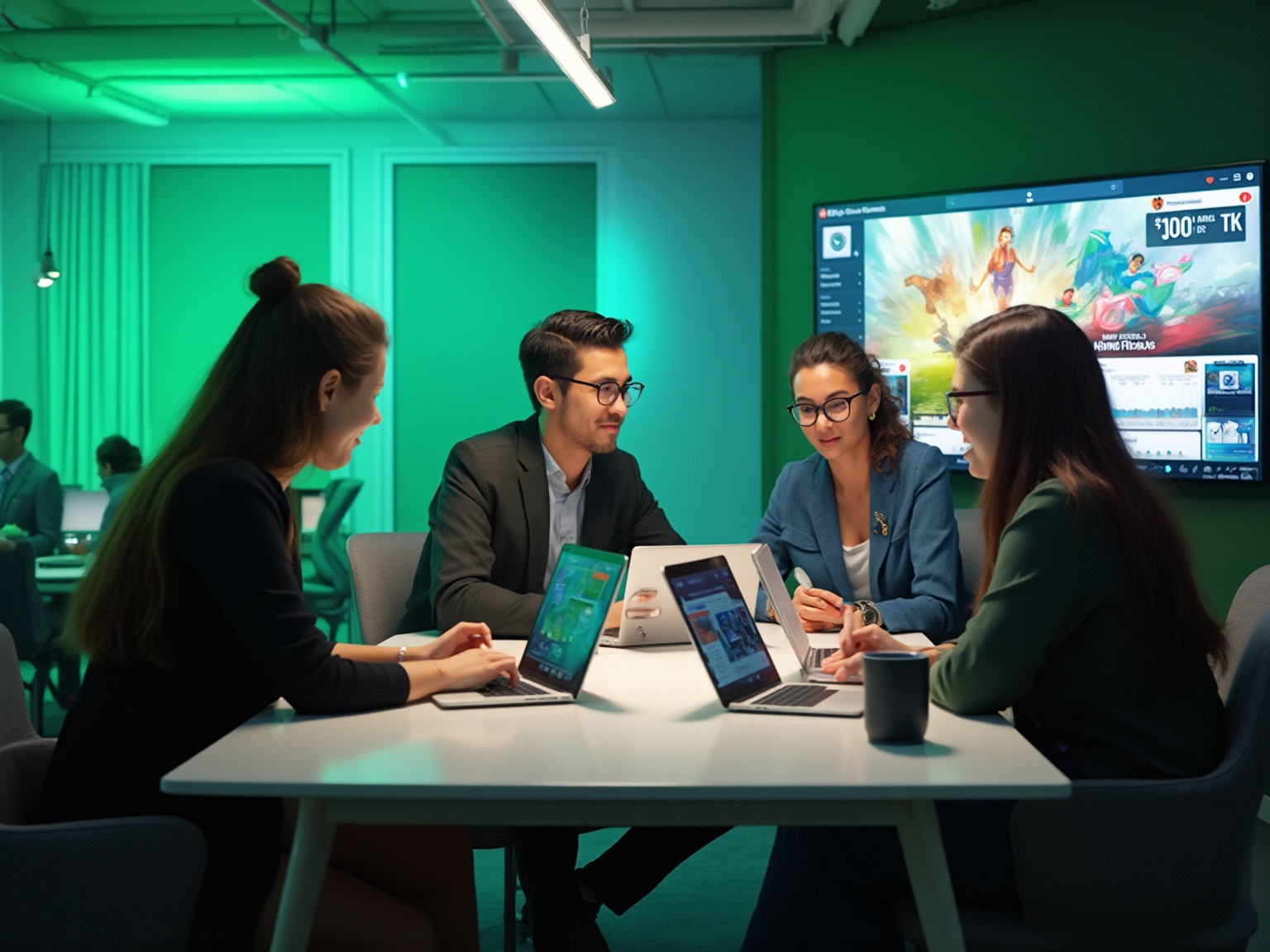 A group of people sitting around a table with laptops.