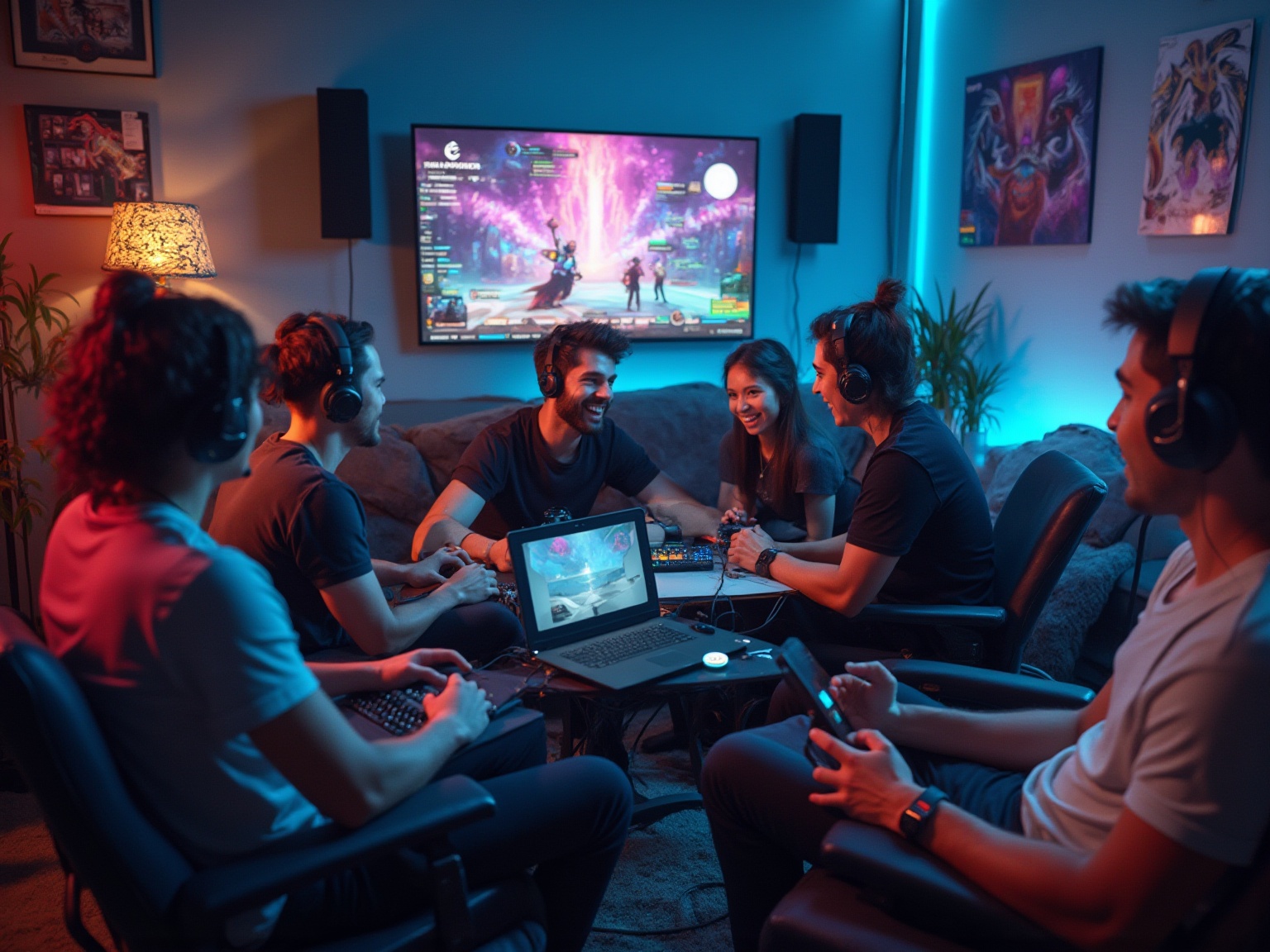 A group of people playing a video game in a dark room.
